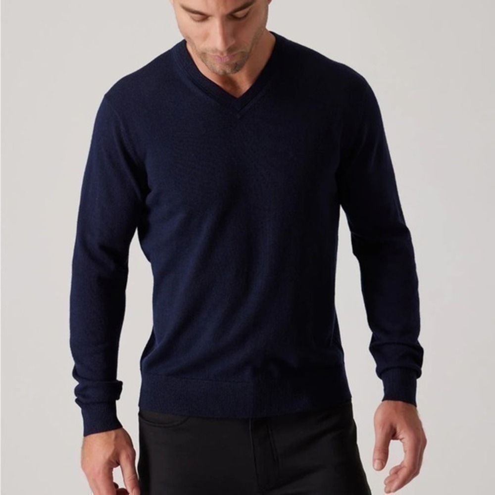 Raffi Men’s Bronson Navy V-Neck Merino Wool Long Sleeve Knit Pullover Sweater XL